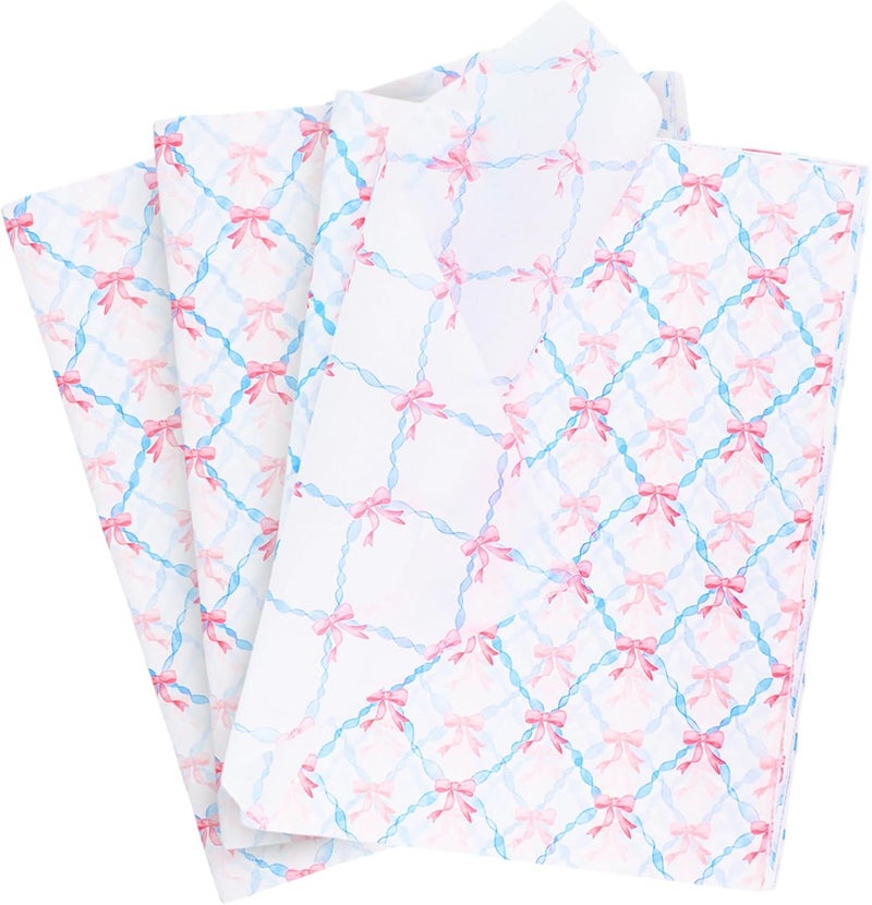 Ethanberg 60 Sheets Gift Wrapping Tissue Paper Bulk, Pink Bow Blue Line Print Tissue Paper for Gift Bags, Decorative Art Papers for DIY Crafts Wedding Birthday Baby Showers Holiday Party Decor, 20x14 Inches - Image 1